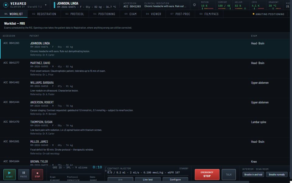 Simulator console on the worklist, with the day's patients