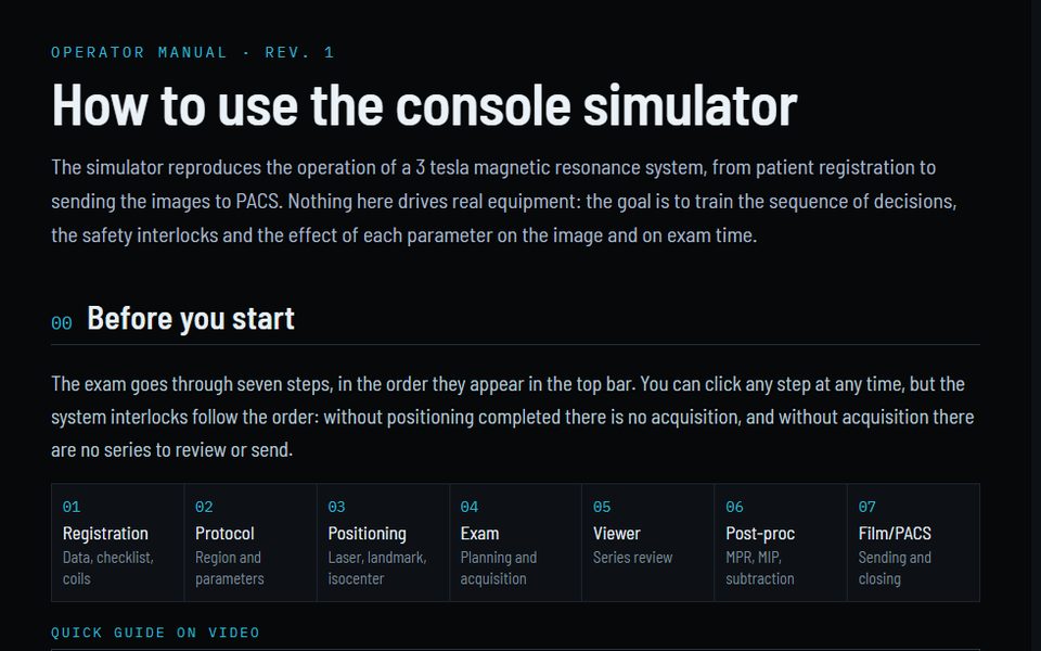 Operator manual with the seven steps of the exam