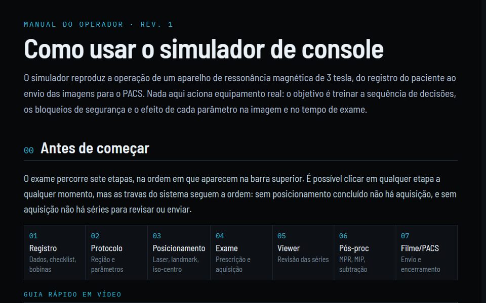 Manual do operador com as sete etapas do exame